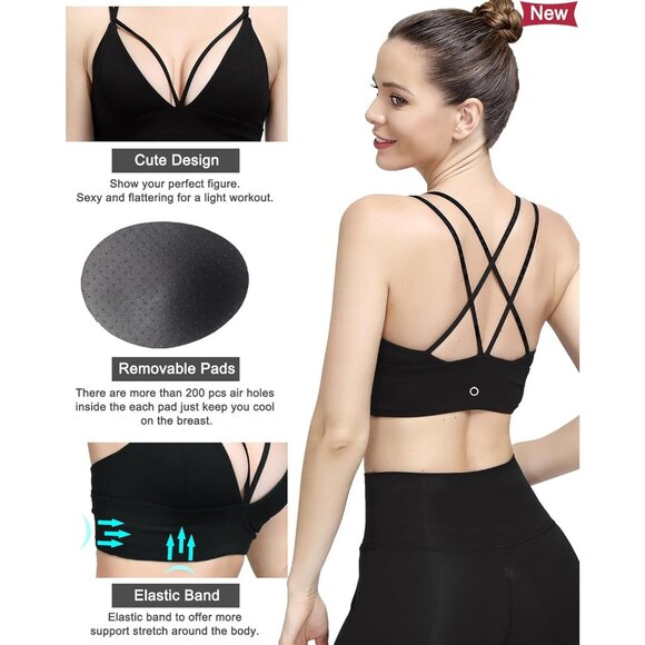 Women's Black Strappy Bralettes Pull-on Sports Bra Rave Top Festival Outfits - Picture 6 of 9